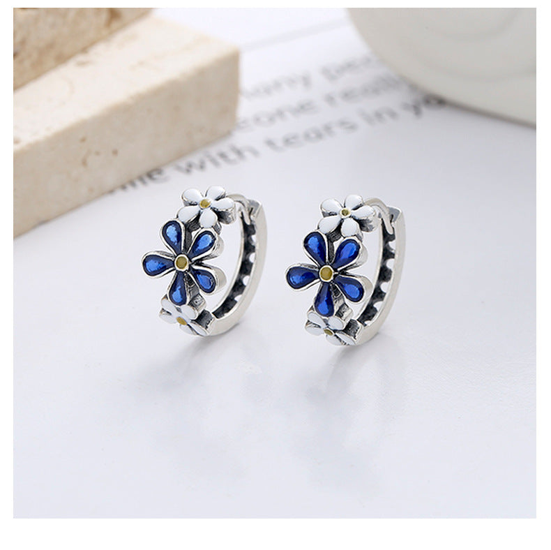 Origsoul daisy hoop earrings for women featuring blue and white floral birthflower design