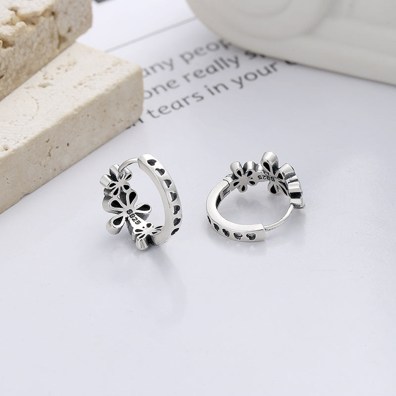 Origsoul daisy hoop earrings for women silver birthflower jewelry with floral and heart details
