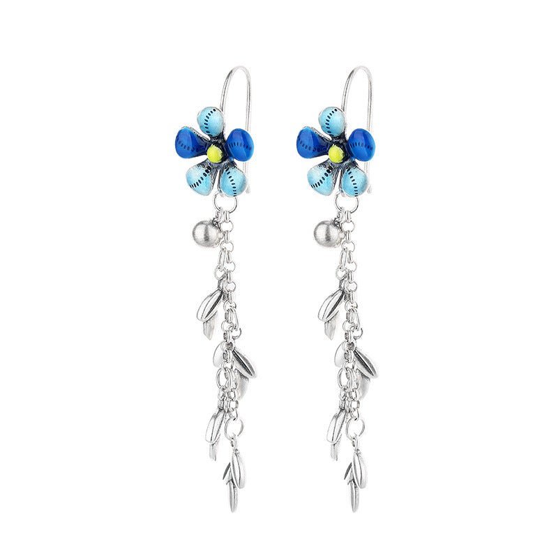 Origsoul daisy tassel earrings with blue flower design and silver dangling chains birthflower jewelry