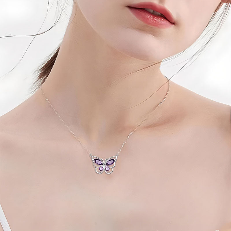 Origsoul delicate butterfly necklace with purple and silver pendant worn on neck