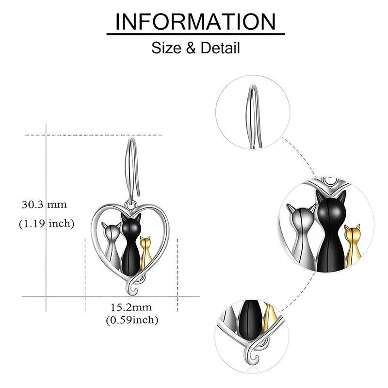 Origsoul family cat earrings featuring three cats in silver, black, and gold inside a heart frame
