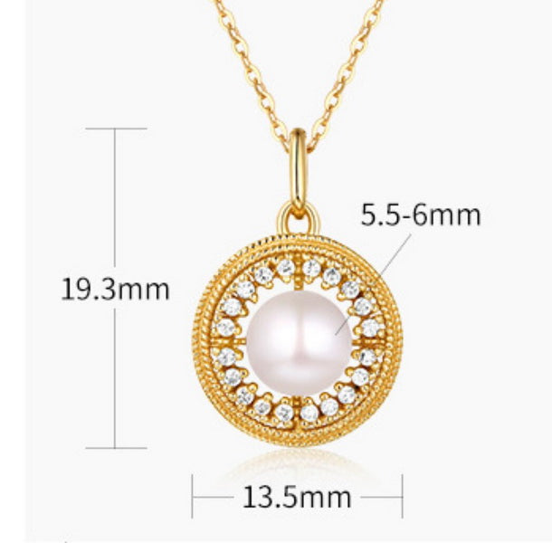 Origsoul freshwater pearl necklace with gold chain and crystal-studded circular pendant