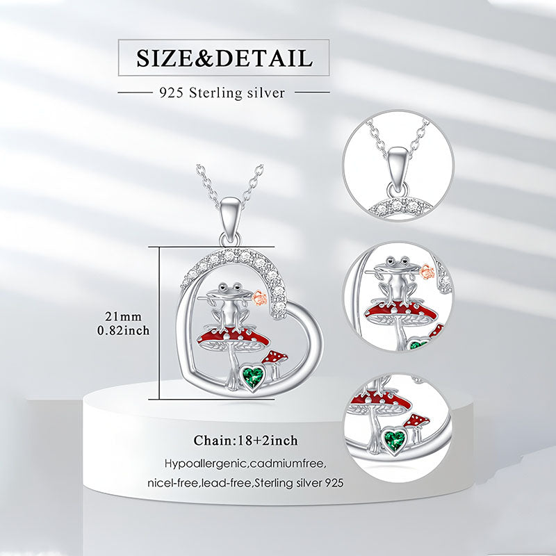 Origsoul 925 sterling silver frog mushroom necklace with heart pendant and red mushroom details