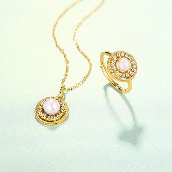 Origsoul freshwater pearl necklace and matching gold ring with crystal accents