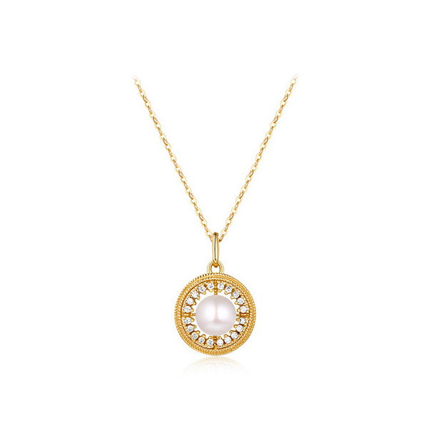 Origsoul freshwater pearl necklace with gold chain and crystal embellished circular pendant