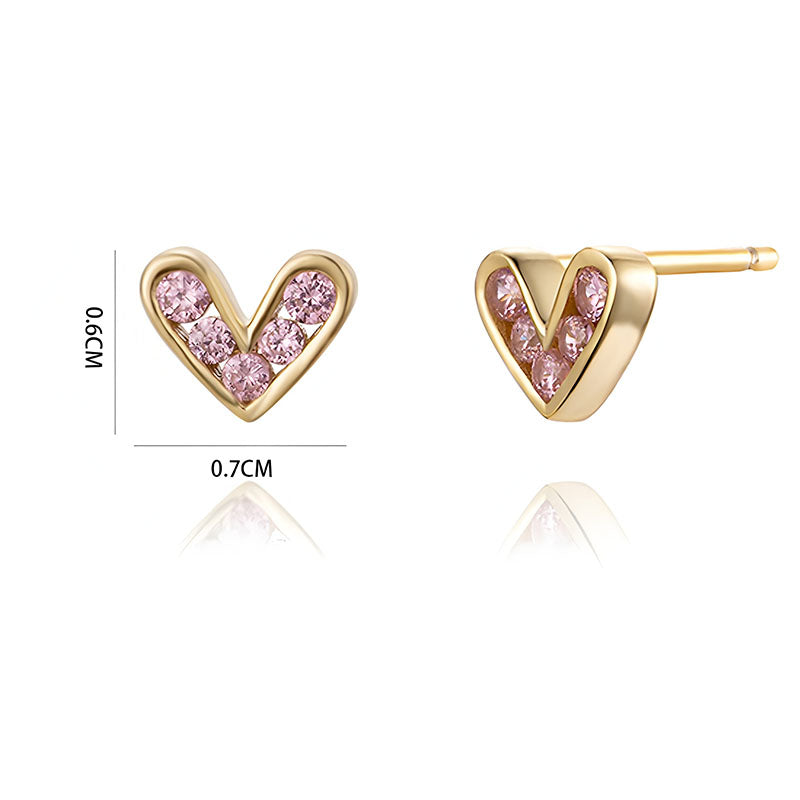 Origsoul gold heart stud earrings with pink gemstones delicate and small size
