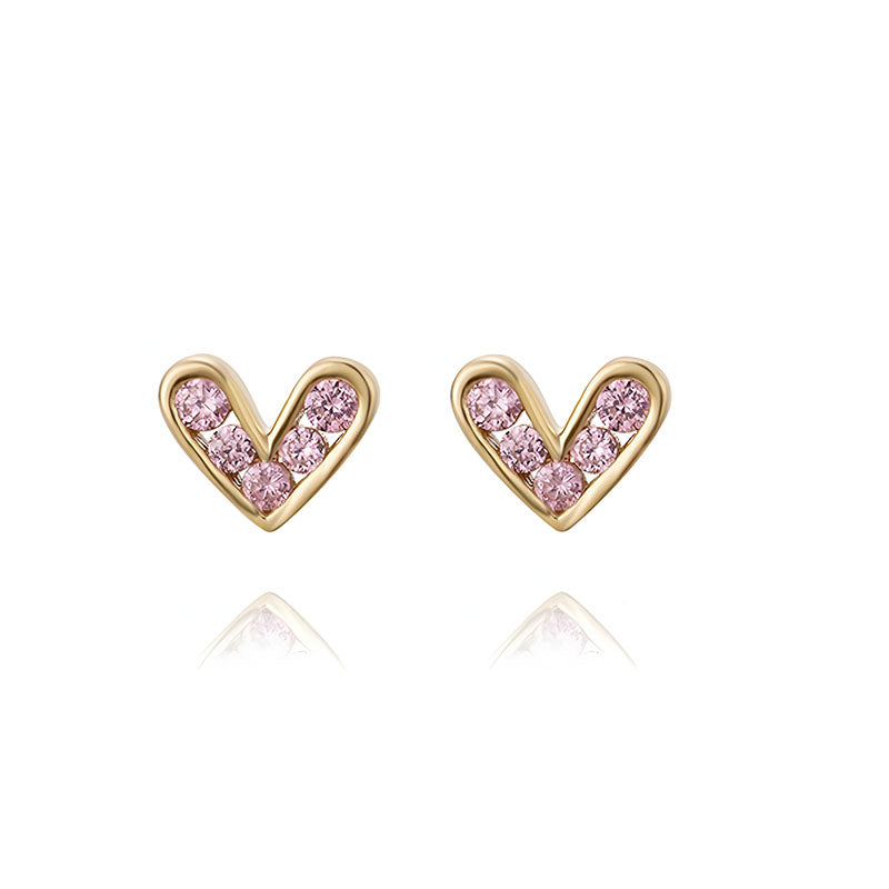 Origsoul gold heart stud earrings with pink gemstones in a delicate heart shape