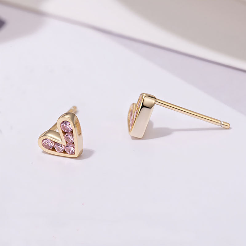 Origsoul gold heart stud earrings with pink gemstones on white background elegant jewelry