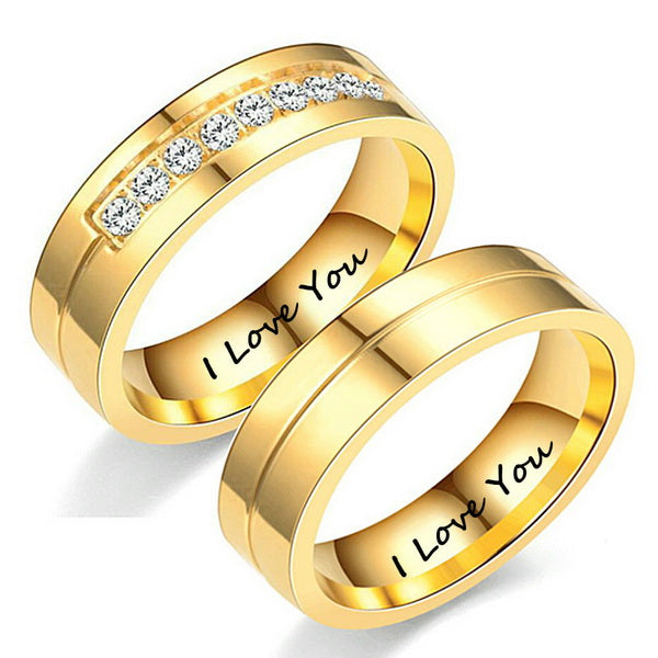 Origsoul gold zircon wedding bands with engraved I Love You message inside the rings