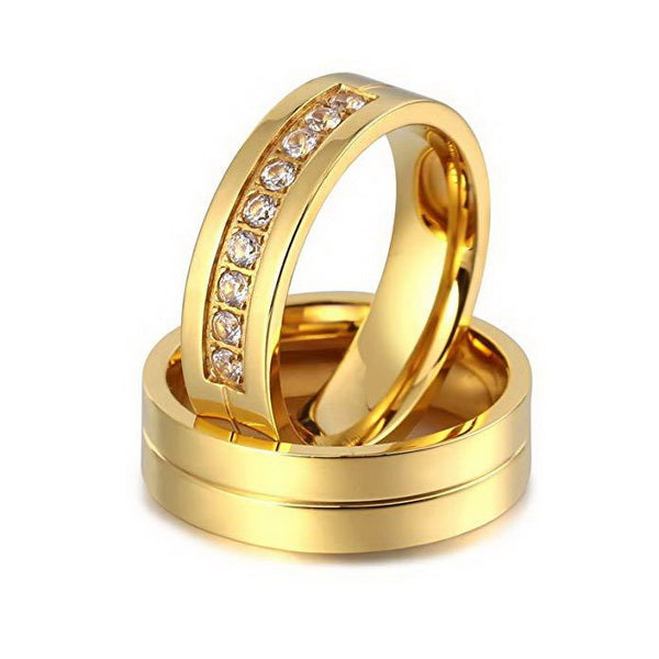 Origsoul gold zircon wedding bands with one band featuring embedded zircon stones and a polished finish