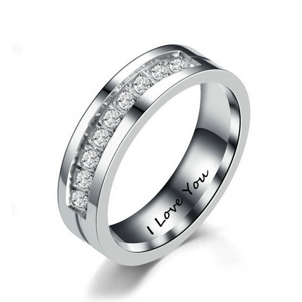 Origsoul silver ring with clear stones and I Love You engraving gold zircon wedding bands
