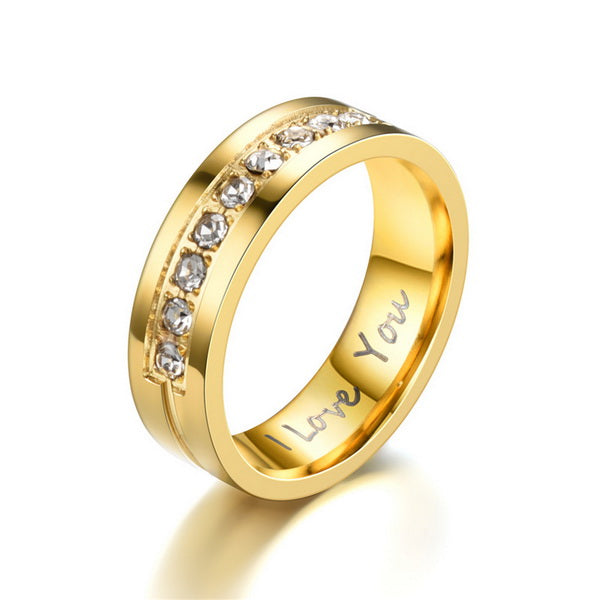 Origsoul gold zircon wedding bands with clear zircon stones and engraved I love you message inside
