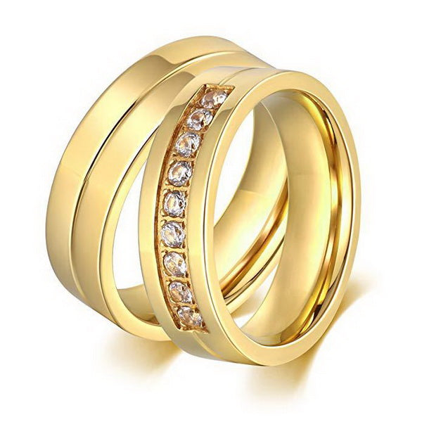 Origsoul gold zircon wedding bands set with one plain band and one band featuring zircon stones