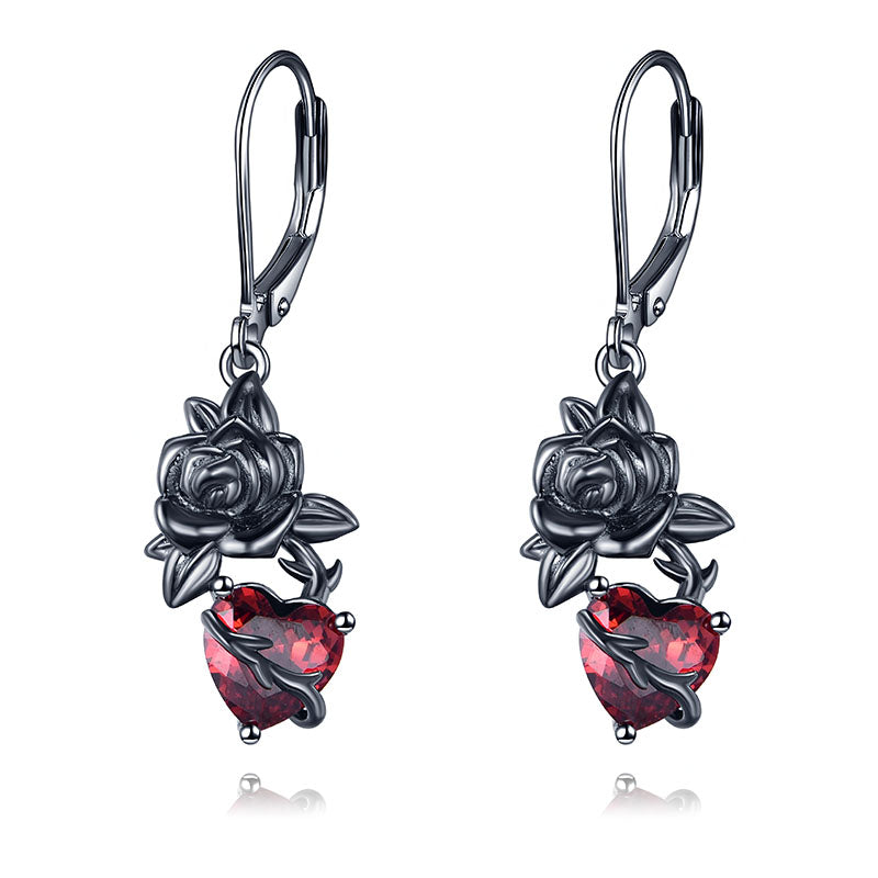 Origsoul gothic black rose earrings featuring a dark rose design and a red heart gemstone