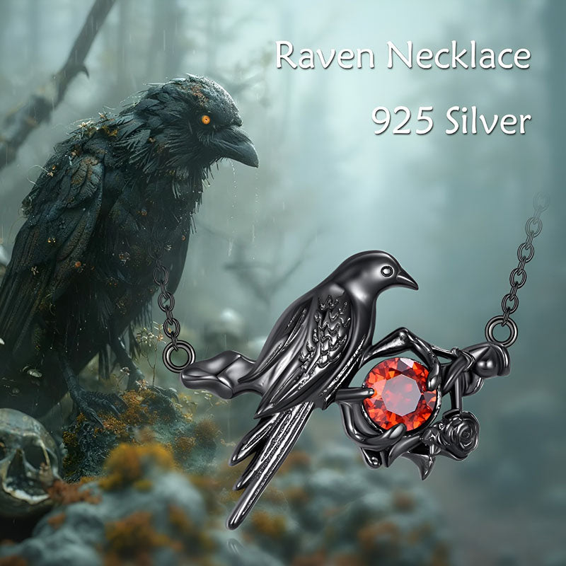925 Silver Gothic Crow Pendant with Red Gemstone, perfect Halloween gift for jewelry lovers