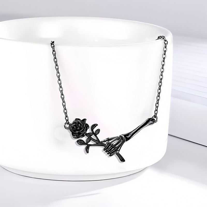 Origsoul black skeleton hand holding rose necklace Halloween gothic jewelry for women