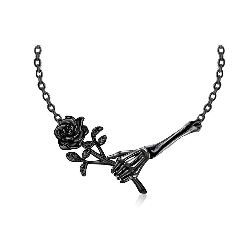 Origsoul black skeleton hand necklace holding rose Halloween gothic jewelry for women