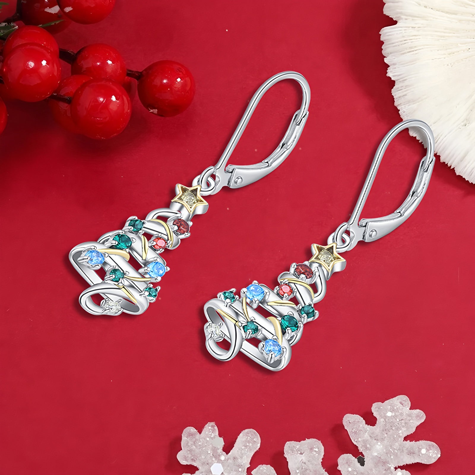 Origsoul holiday dangle earrings for women shaped like decorated Christmas trees with multicolor stones