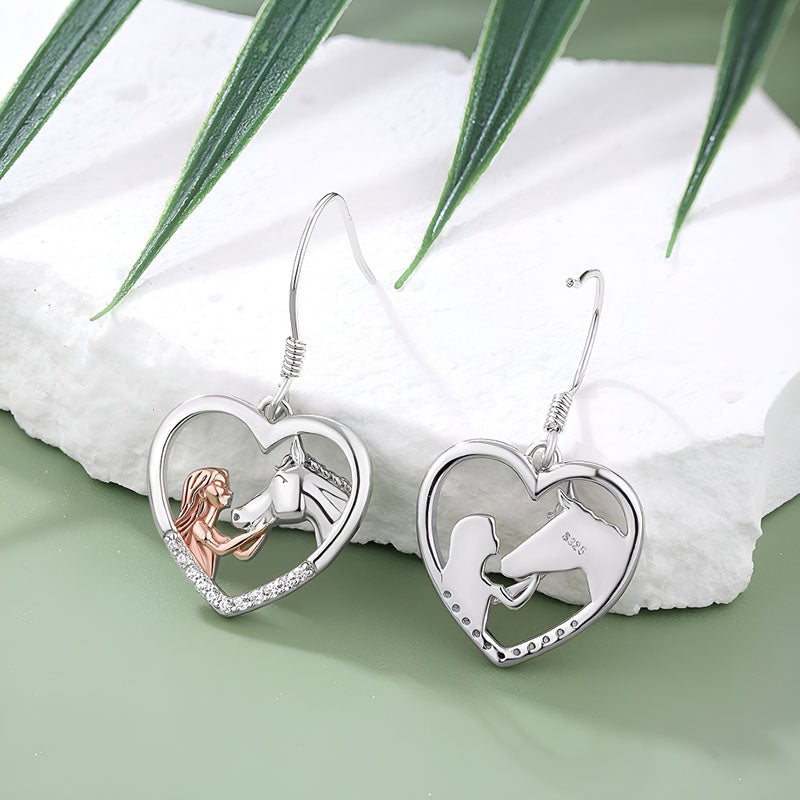 Origsoul horse girl zircon pendant earrings featuring a heart design with silver and rose gold accents