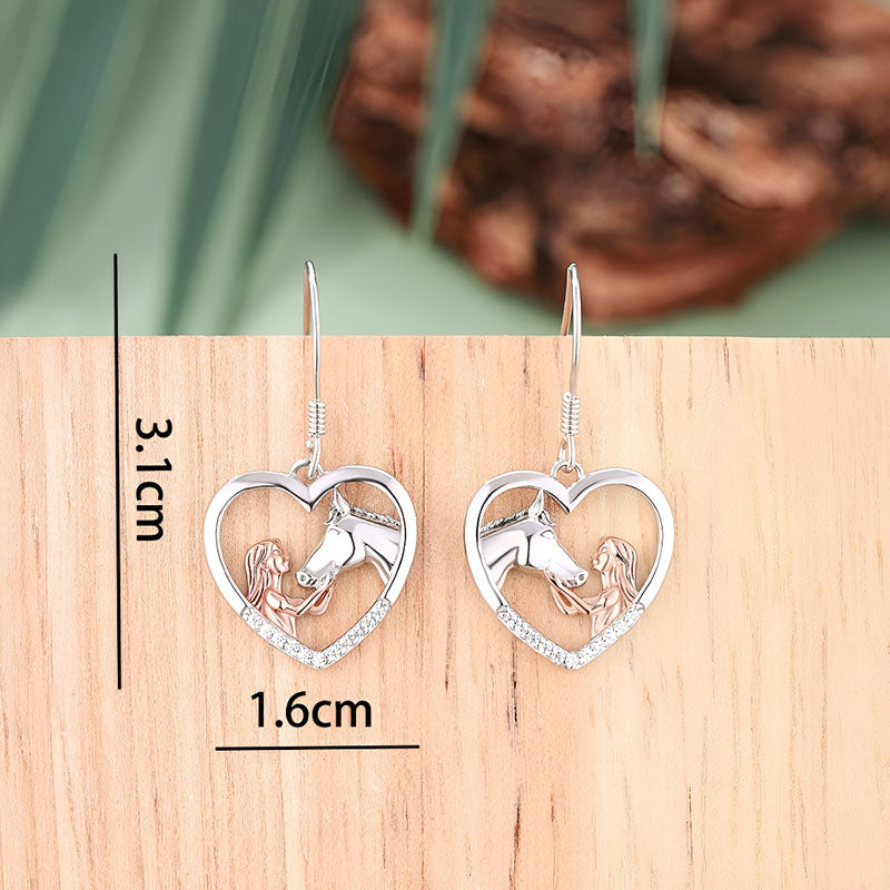 Origsoul horse girl zircon pendant earrings in a heart design with silver finish and detailed pony motif