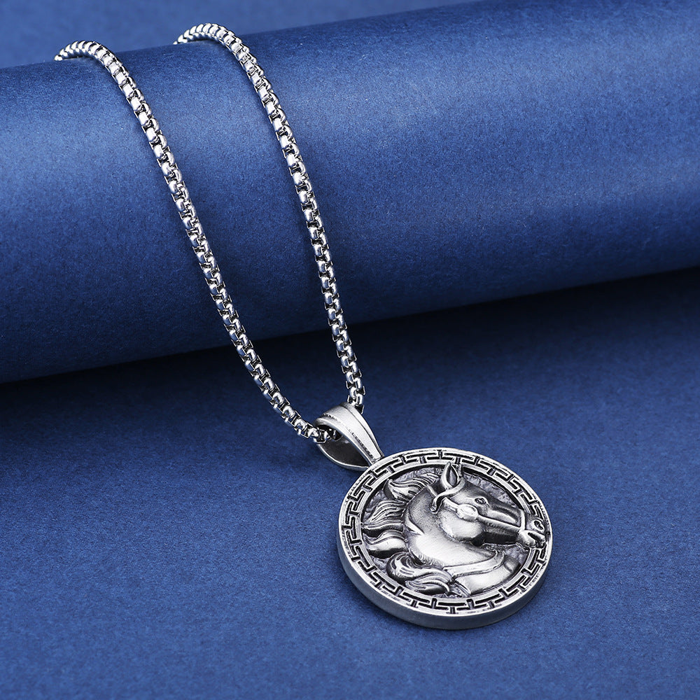 Origsoul horse pendant necklace with detailed silver horse design on round medallion and silver chain