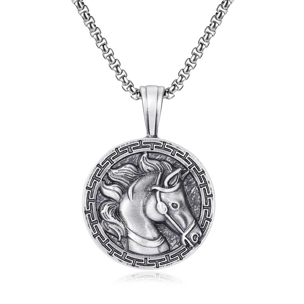 Origsoul silver horse pendant necklace with detailed horse head design and decorative border