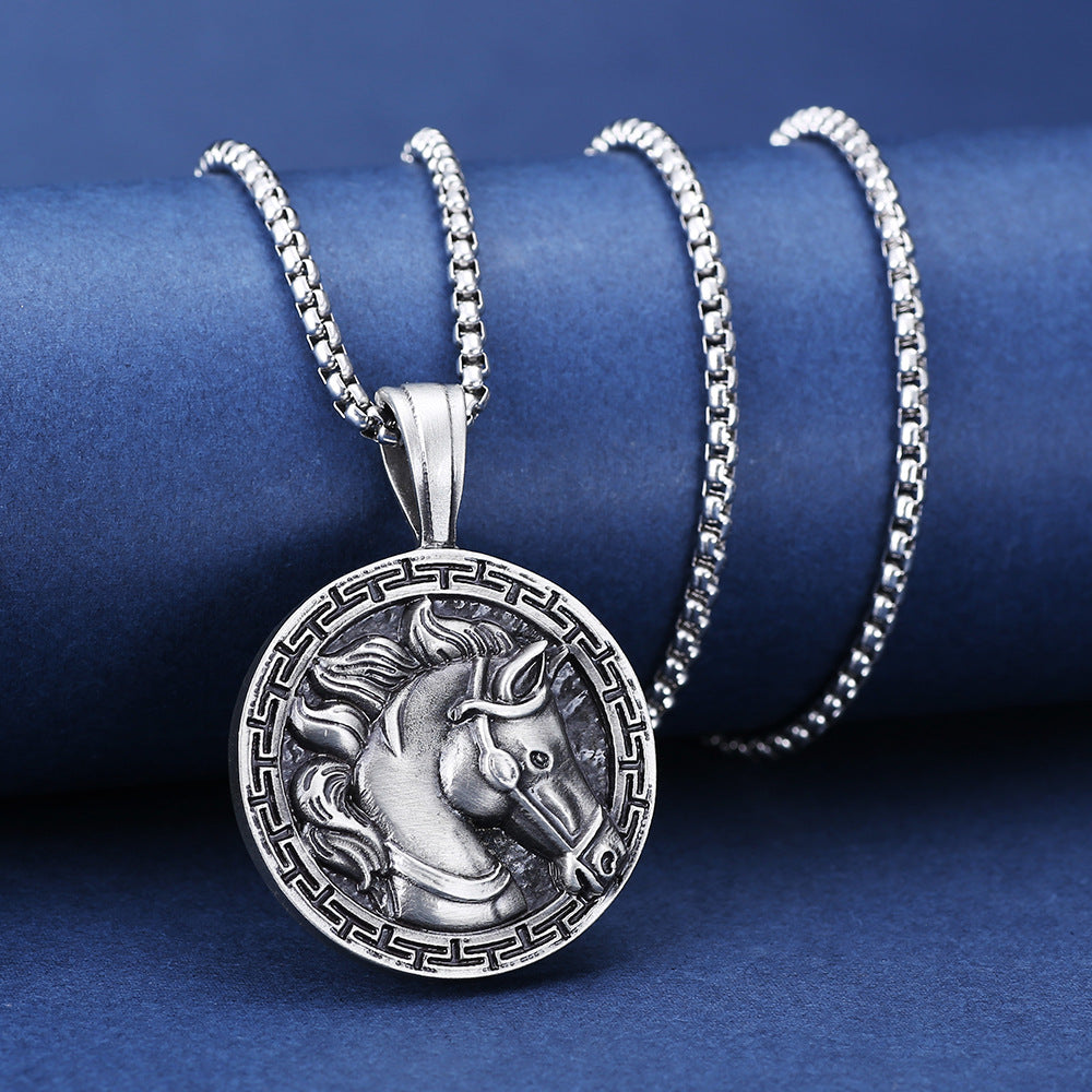 Origsoul horse pendant necklace with detailed silver horse head and decorative circular border