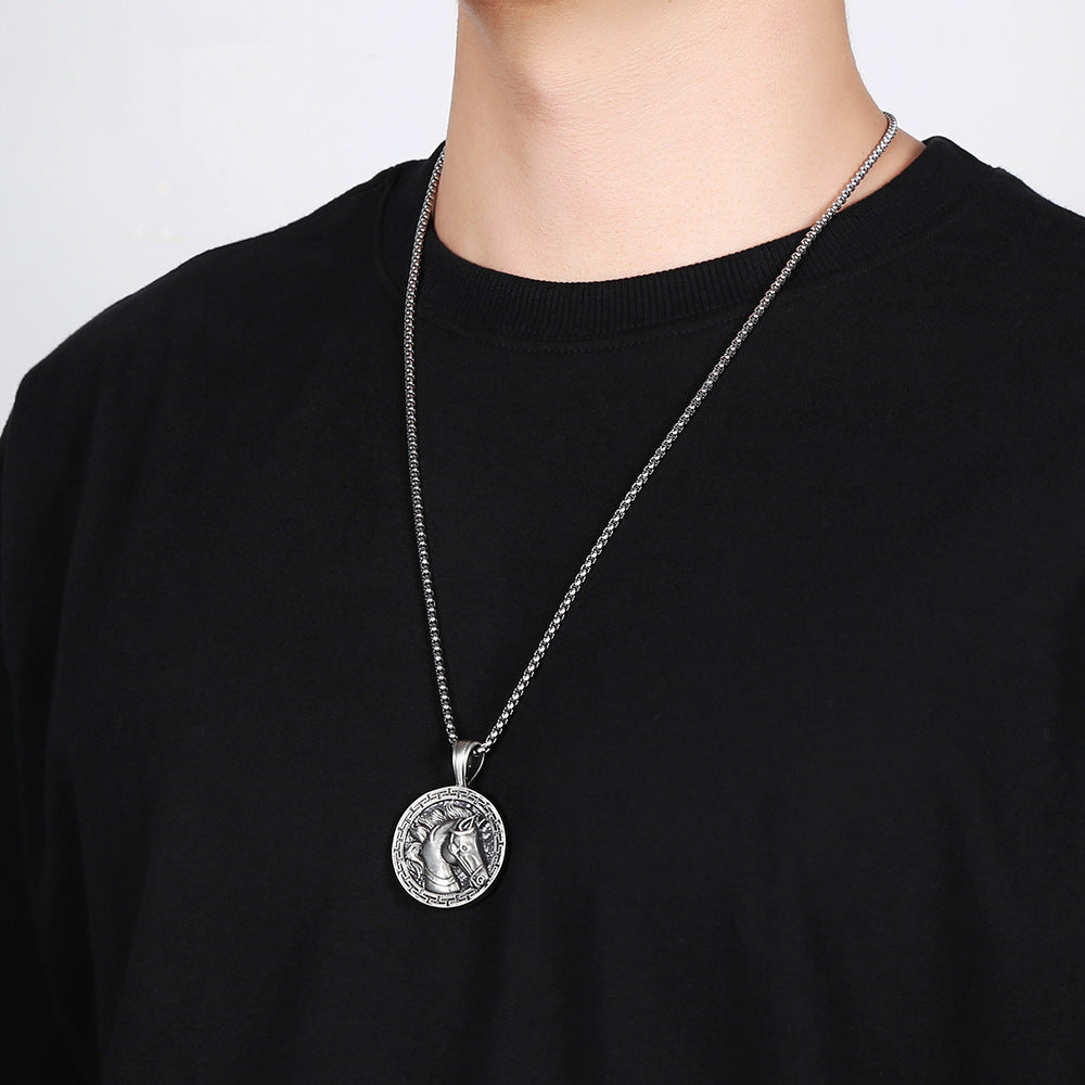 Origsoul horse pendant necklace with detailed horse design on round silver medallion worn on silver chain