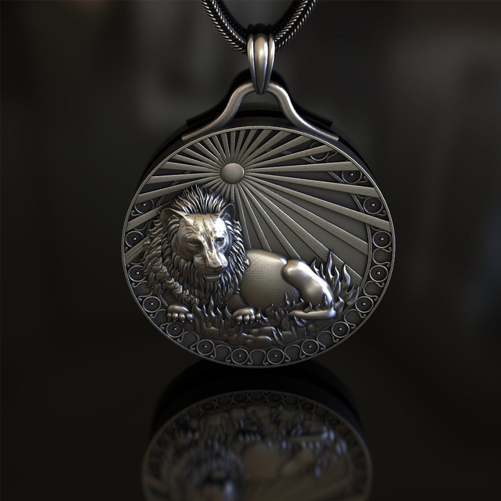 Origsoul detailed metal leo zodiac necklace pendant featuring a lion design with sun rays background