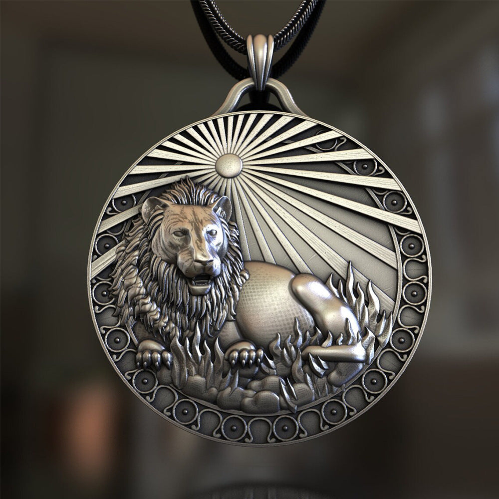 Origsoul leo zodiac necklace featuring detailed lion pendant with sun rays and artistic circular border