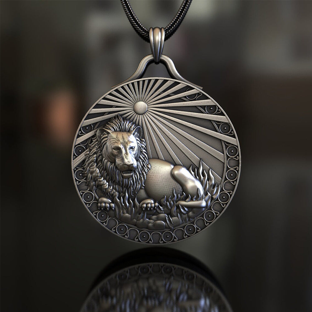 Origsoul detailed silver lion pendant leo zodiac necklace with sunburst design on black chain