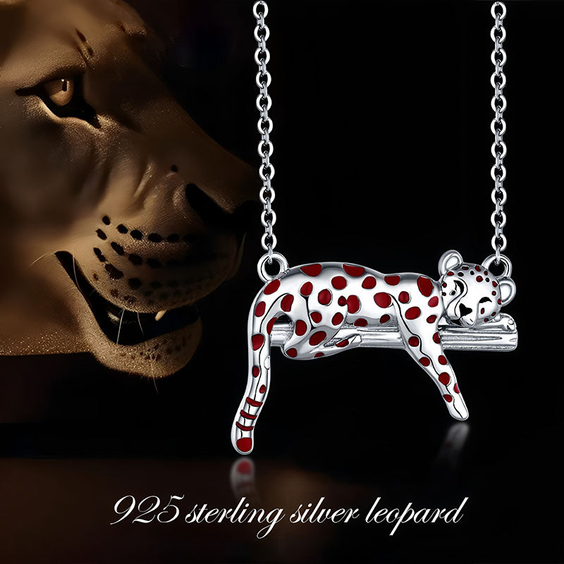 Origsoul 925 sterling silver leopard clavicle necklace for women red spotted enamel sleeping leopard pendant