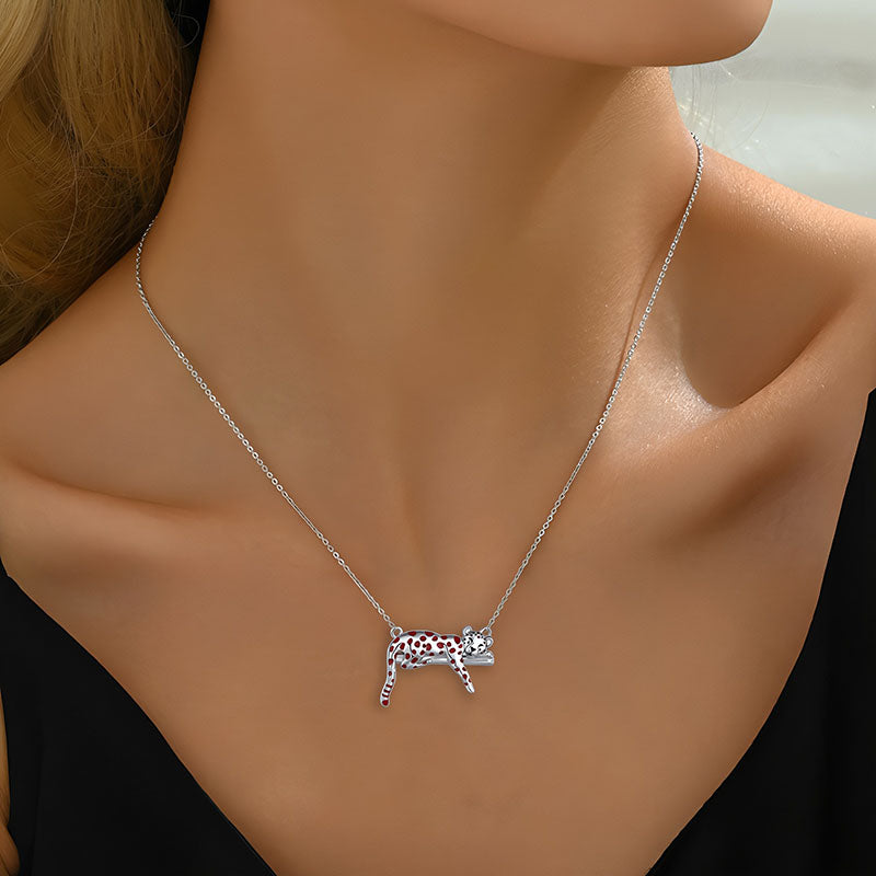 Origsoul silver leopard pendant on delicate chain worn at collarbone with red spot accents leopard clavicle necklace for women