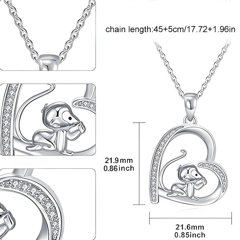 Origsoul 925 sterling silver monkey pendant heart shaped charm with CZ accents on 45cm chain