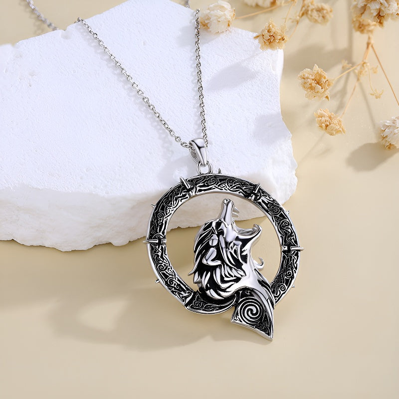 Origsoul mens wolf head silver necklace featuring a detailed wolf design within a circular pendant