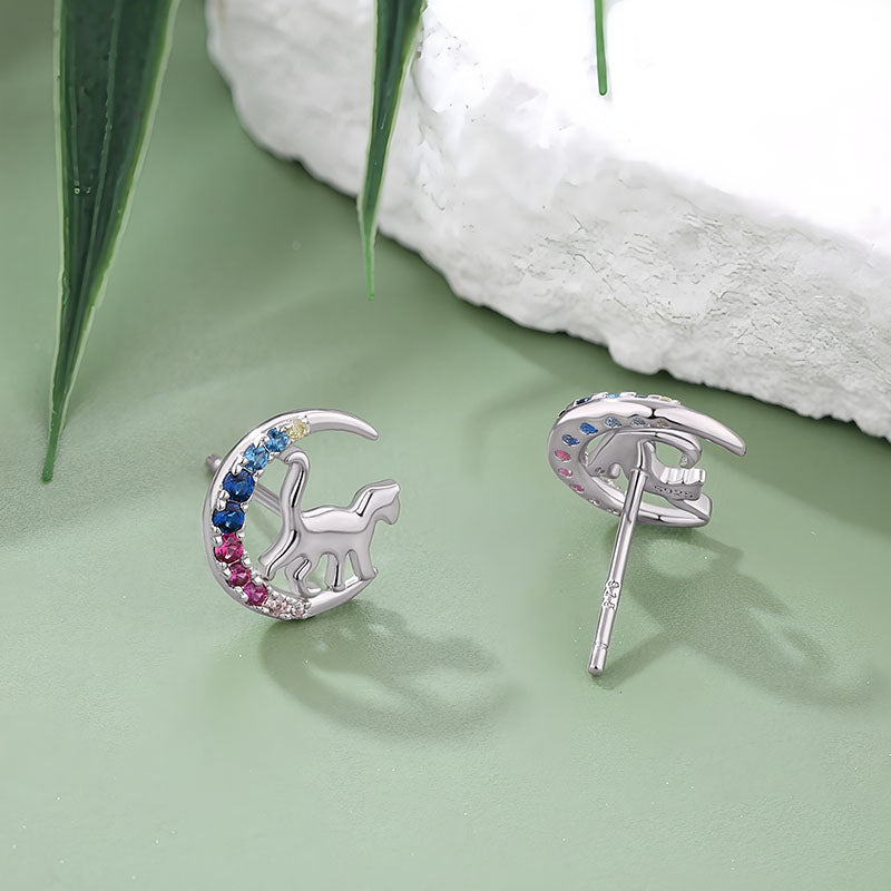 thumbnail image 2 of Adorable Silver Plated Kitten And Moon Stud Earrings – 925 Sterling Silver 2 of 6