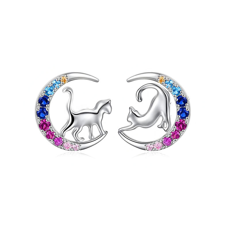 Origsoul moon cat zircon stud earrings with colorful stones on crescent moon design
