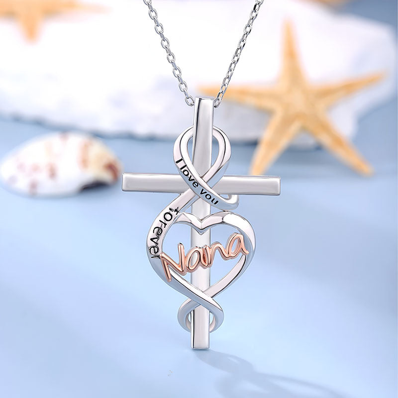Origsoul Nana heart cross necklace silver pendant with love inscriptions and rose gold Nana lettering