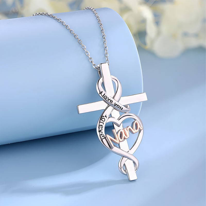 Origsoul Nana heart cross necklace in silver with love you forever engraving on pendant
