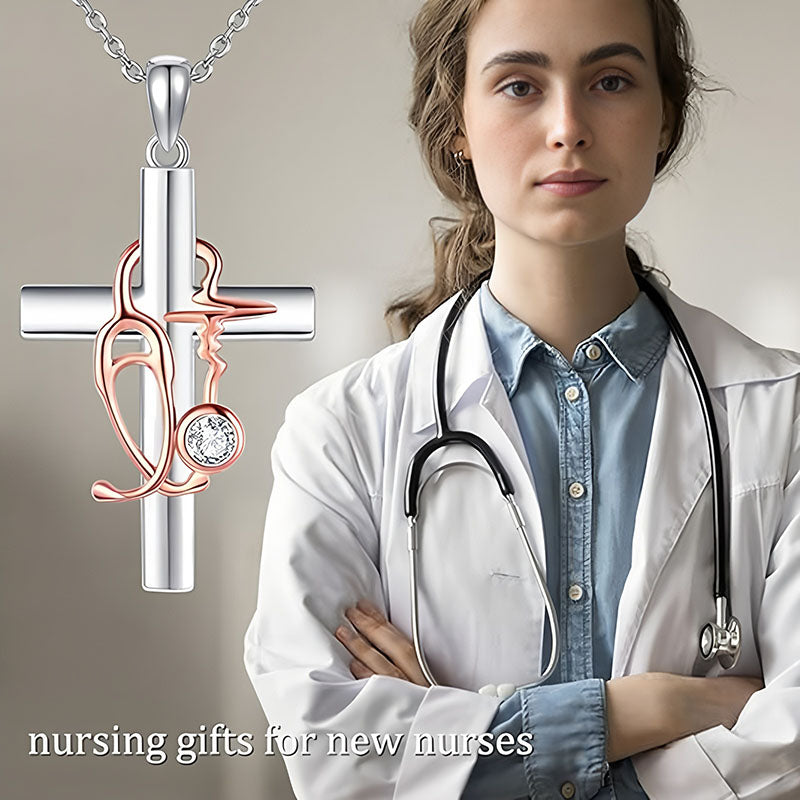 Origsoul nurse cross necklace with rose gold stethoscope and diamond detail shown next to female nurse model