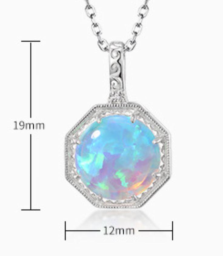 Origsoul opal pattern silver jewelry pendant necklace with octagonal frame and iridescent blue opal stone