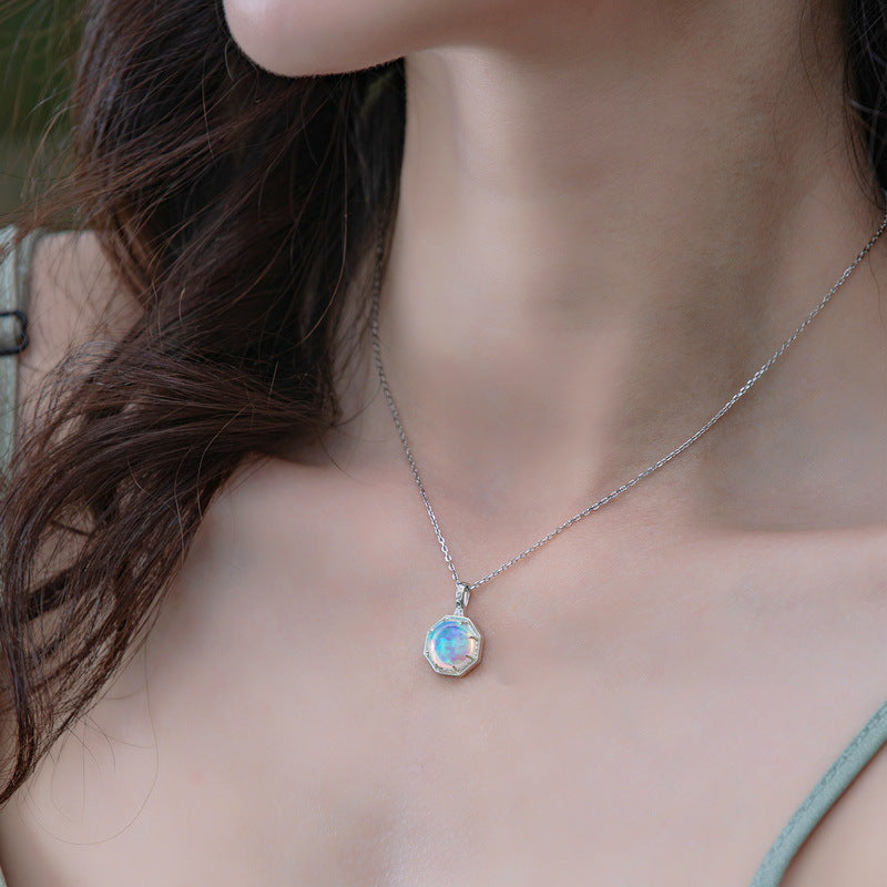 Origsoul necklace featuring opal pattern silver jewelry pendant on a delicate chain worn around neck