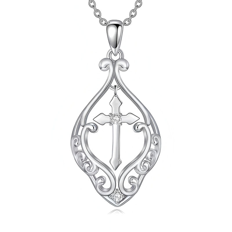Origsoul ornate heart cross necklace in silver with intricate scrollwork and sparkling accents