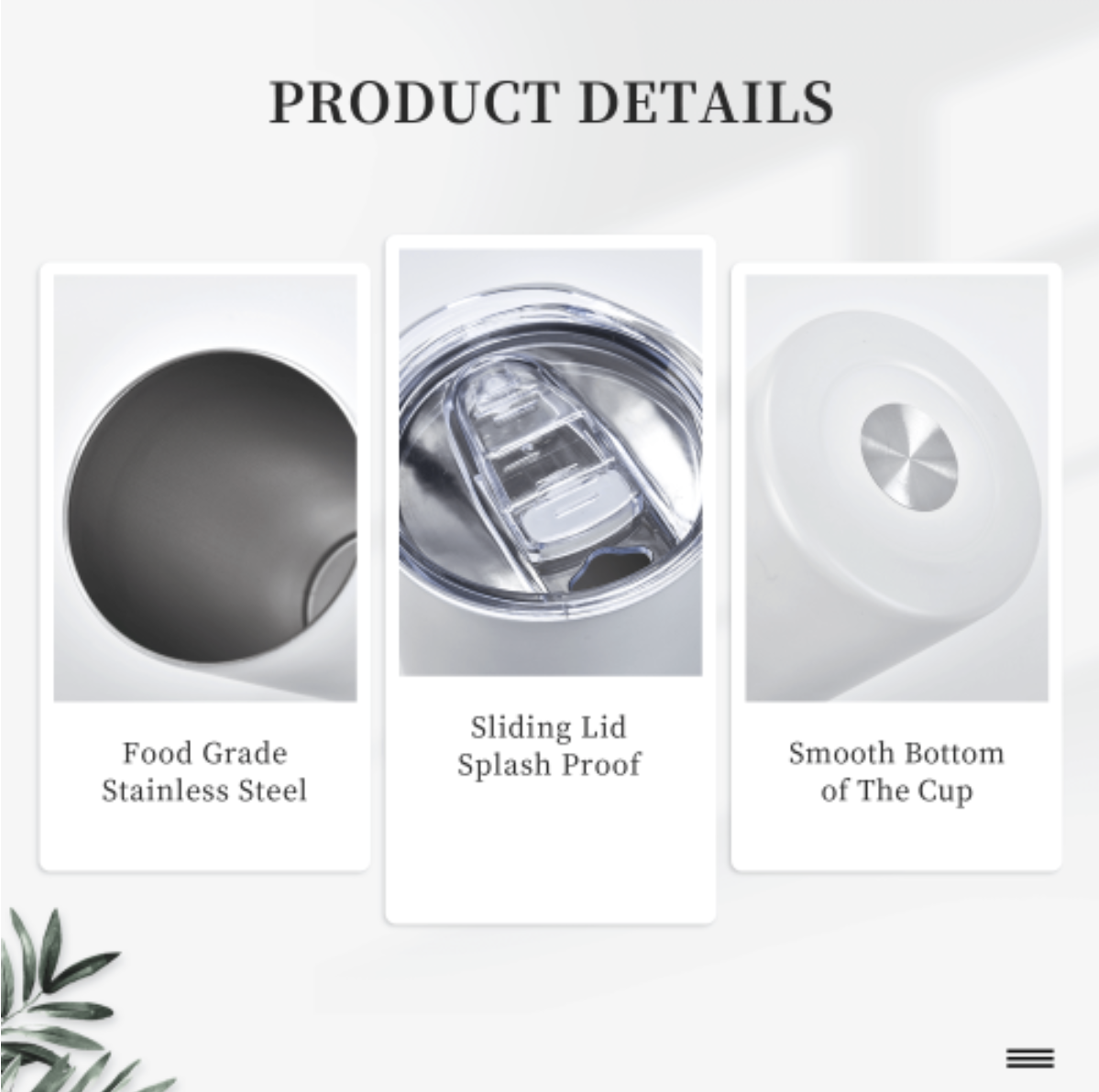 Close-up details of personalized stainless steel mug showing food grade steel, sliding splash-proof lid, and smooth bottom
