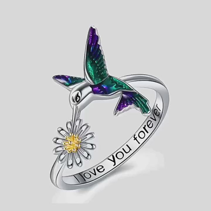 OrigSoul Hummingbird Flower Ring with Love Engraving