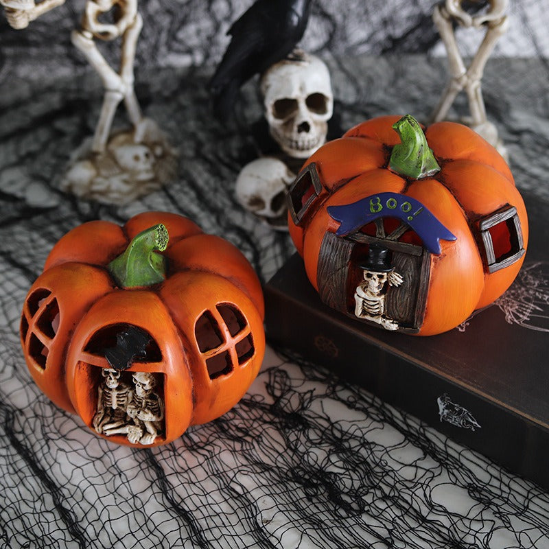 Origsoul resin haunted house pumpkin decorations with skeletons and spooky Halloween design