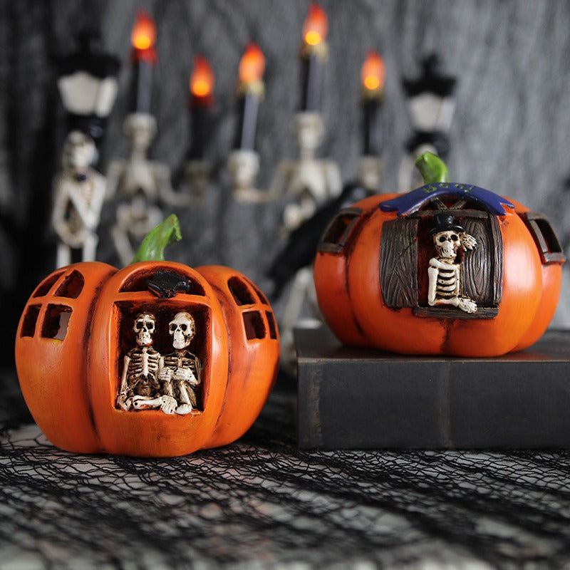 Origsoul resin haunted house pumpkin Halloween decor with skeletons inside orange pumpkins