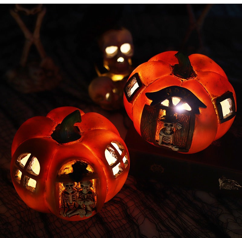 Origsoul resin haunted house pumpkin decorations with glowing windows and skeletons inside for Halloween