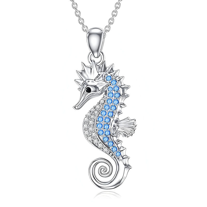 Origsoul S925 seahorse pendant necklace adorned with blue and clear crystals for a stunning ocean-themed look