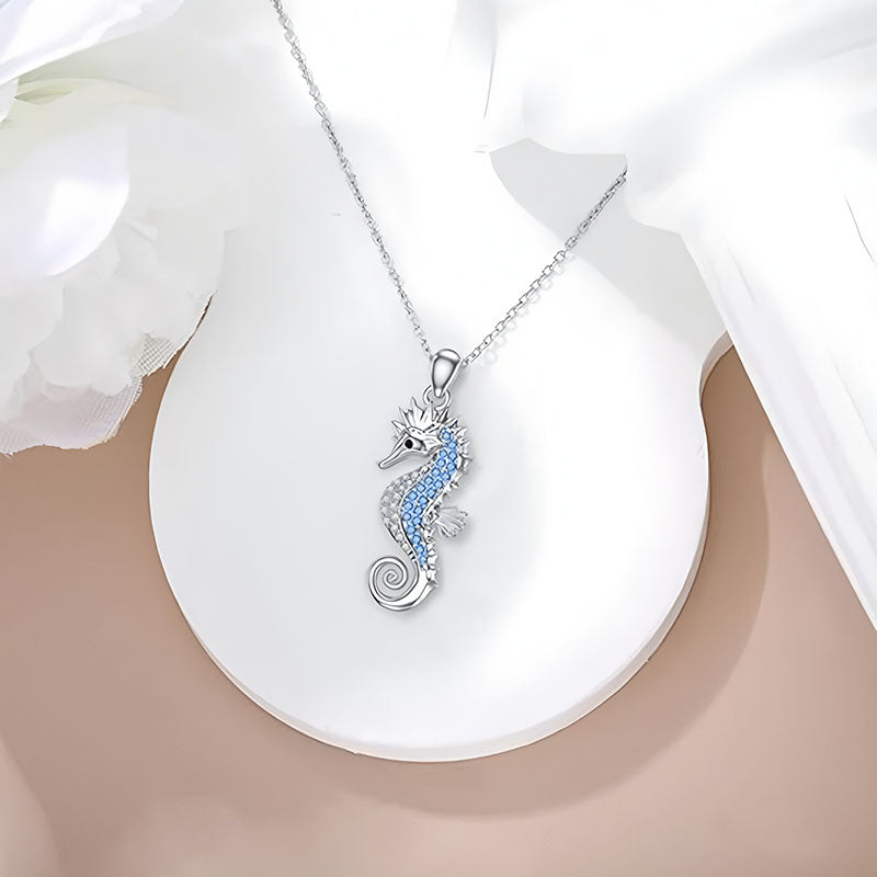 Origsoul S925 seahorse pendant necklace with blue and silver details, perfect for ocean lovers
